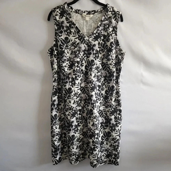 BRIGGS Linen Floral Tropical Knee Length Sleeveless Dress Pockets SZ Large - Picture 1 of 9